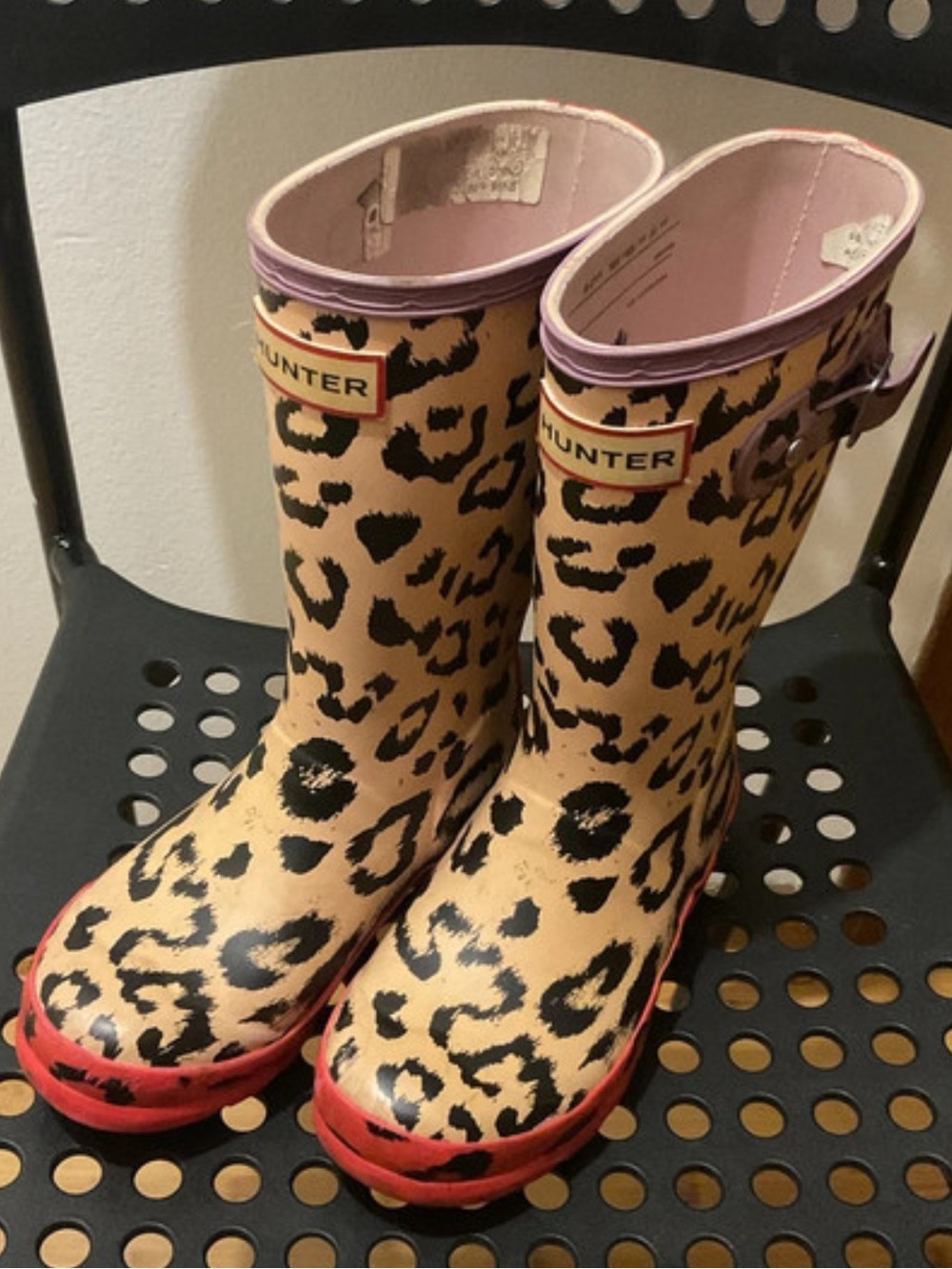 Hunter Kids Leopard Rain Boots with Pink Lining and Red Trim 12 USA